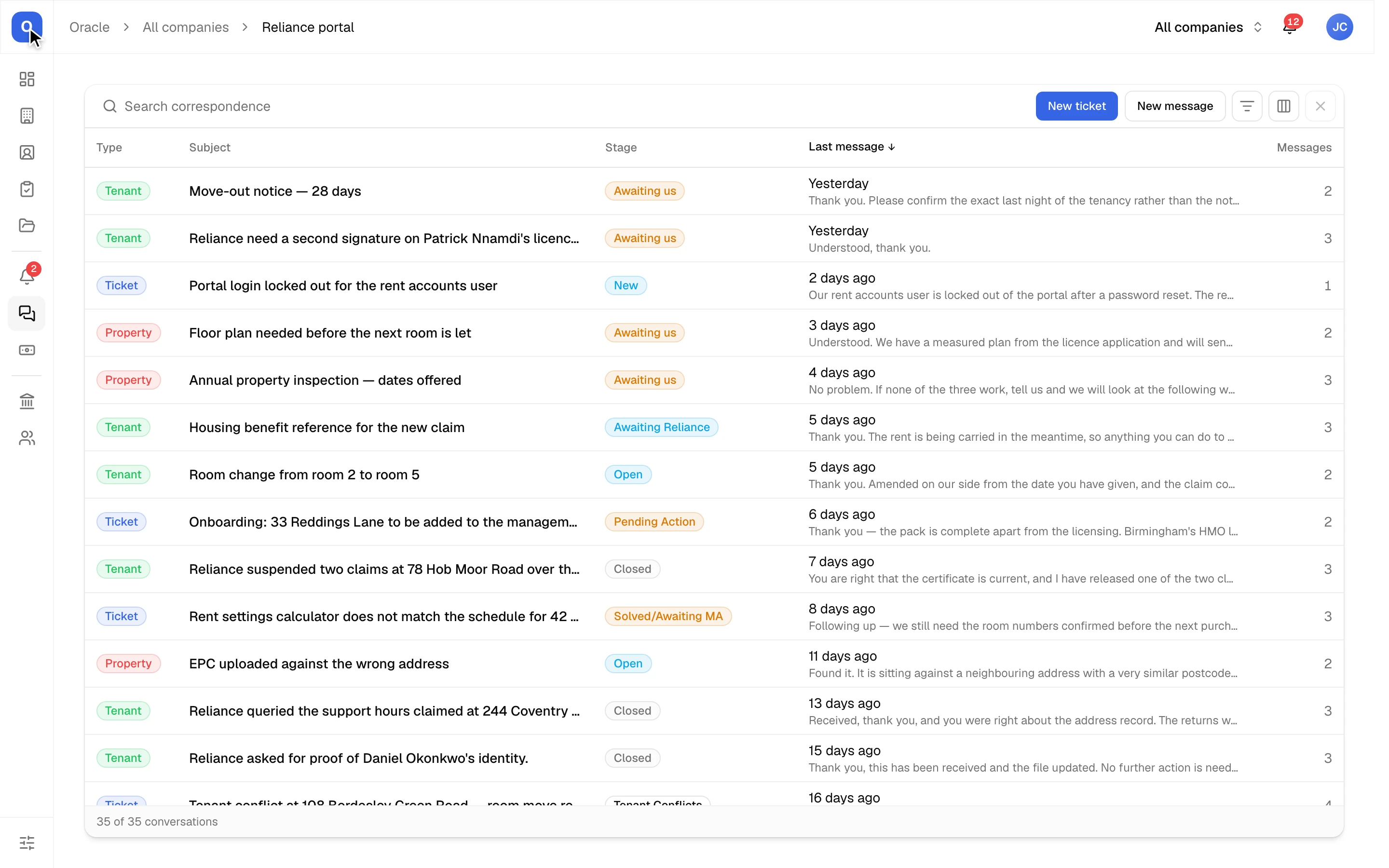 The Reliance portal view inside Keystone, showing correspondence with the registered provider and which side each thread is waiting on.